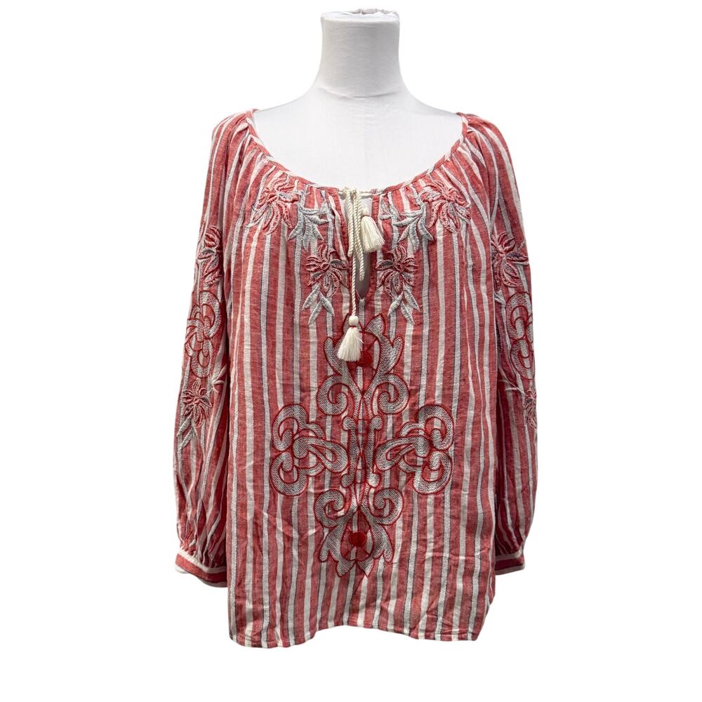 Anthropologie Akemi Kin Striped Linen Blouse Large Embroidered Tasseled Peasant